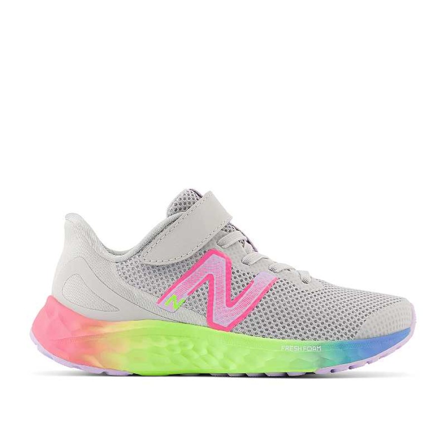 Kids New Balance | Kids' New Balance Fresh Foam Arishi V4 Bungee Lace With Top Strap Sizes 10.5-3 Light Aluminum/Cyber Lilac/Neon Pink