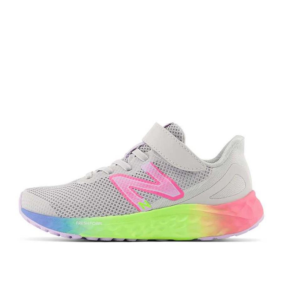 Kids New Balance | Kids' New Balance Fresh Foam Arishi V4 Bungee Lace With Top Strap Sizes 10.5-3 Light Aluminum/Cyber Lilac/Neon Pink