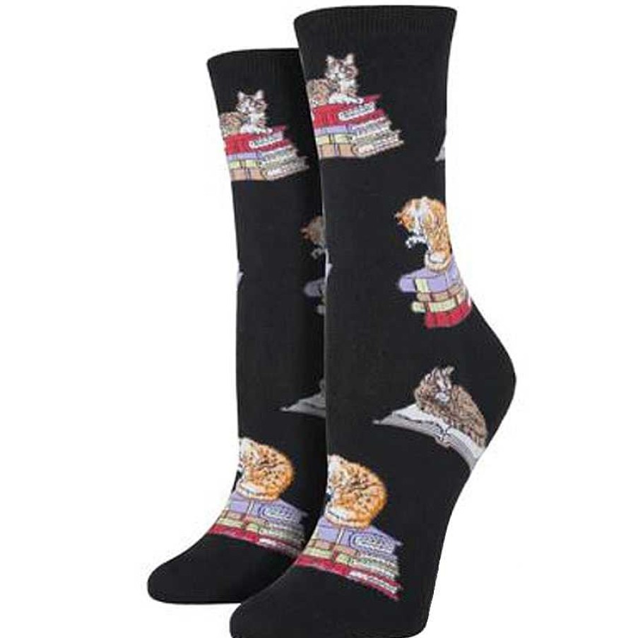 Accessories Socksmith | Socksmith Cats On Books Crew Socks - Black