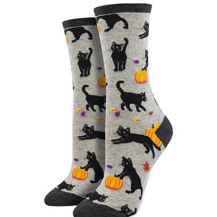 Accessories Socksmith | Socksmith Black Cat Halloween Crew Socks - Light Grey Heather