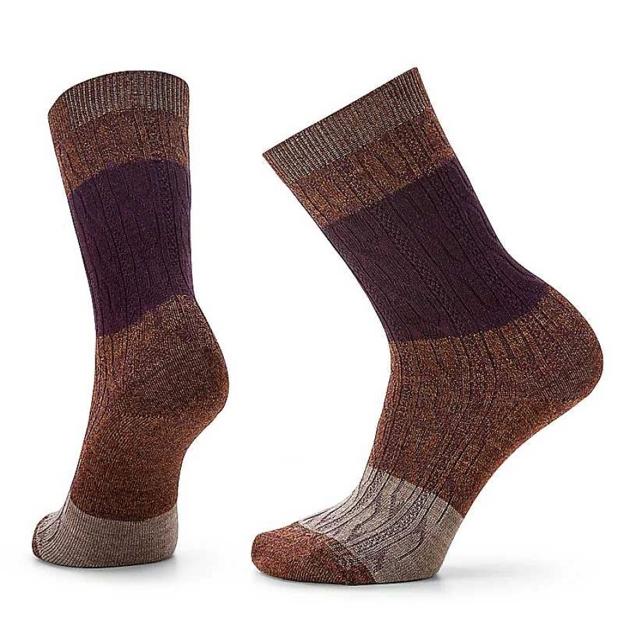 Accessories Smartwool | Smartwool Everyday Color Block Cable Crew Socks - Acorn/Bordeaux Marl