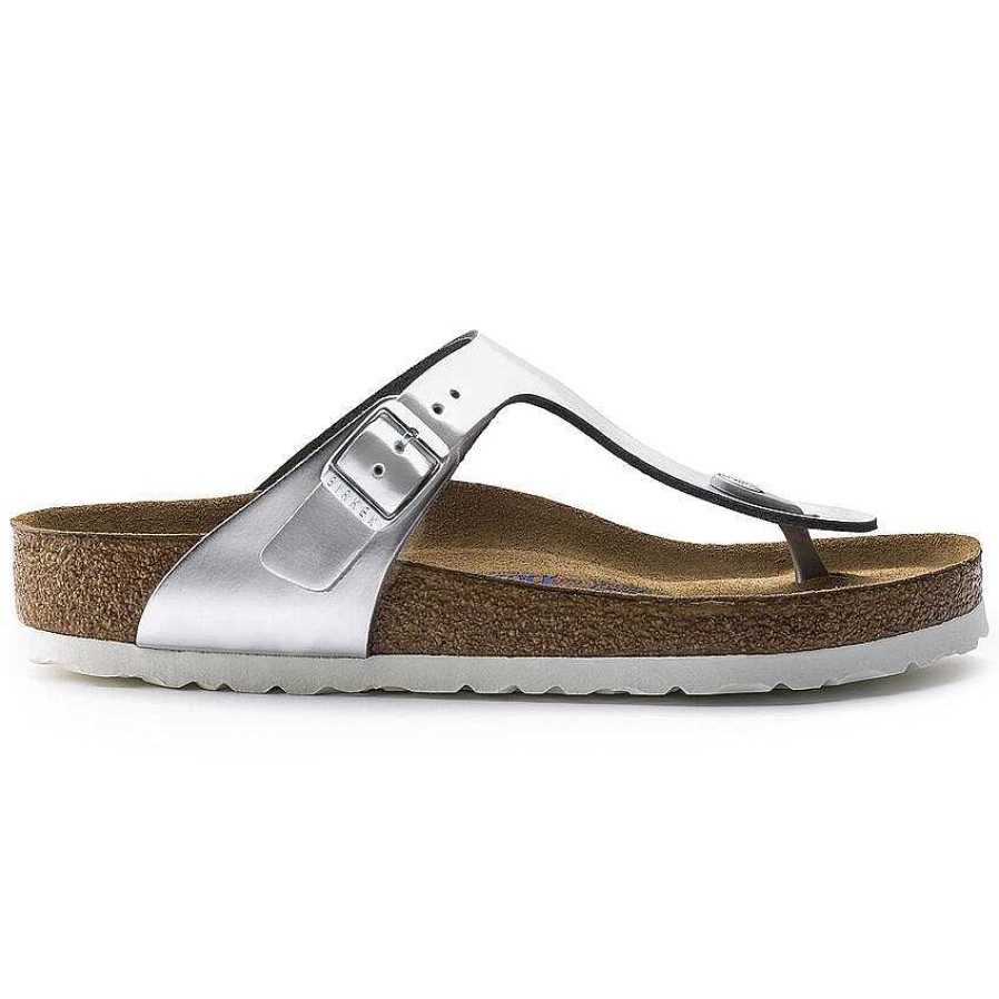 Women Birkenstock | Women'S Birkenstock Gizeh Sfb - Metallic Silver Leather